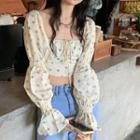 Puff-sleeve Square-neck Floral Lace-up Shirt