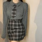 Long-sleeve Knit Top / Plaid Mini Pencil Skirt / Double-breasted Coat