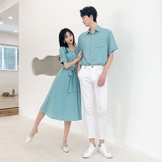 Couple Matching Short-sleeve V-neck Midi A-line Dress / Shirt / Tapered Pants