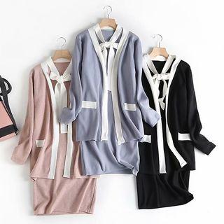 Set: Bow Accent Sleeveless Knit Dress + Open Front Cardigan
