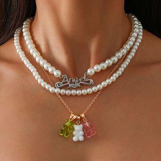Set Of 3 : Gummy Bear Pendant Necklace + Lettering Pendant Faux Pearl Choker + Faux Pearl Necklace White - One Size