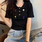 Flower Embroidered Knit Cropped Polo Shirt