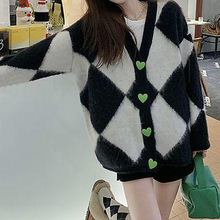 Two Tone Cardigan Argyle - Black & White - One Size