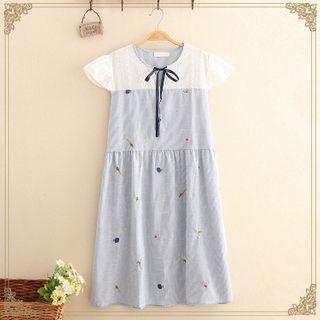 Fruit Embroidered Bow-neck Short-sleeve Dress