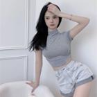 High-neck Plain Slim-fit Cropped Top