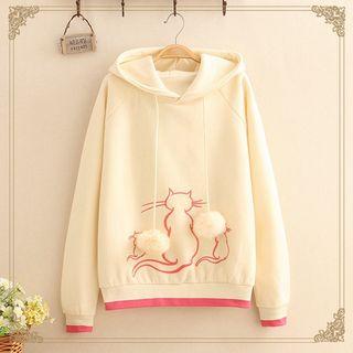 Pom-pom Detail Cat Embroidered Fleece-lined Hoodie