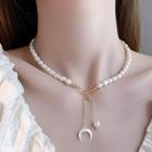 Moon Pendant Freshwater Pearl Necklace 1pc - Gold & White - One Size
