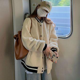 Striped Trim Fleece Button-up Jacket 6156 - Off-white - One Size