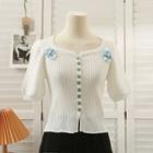 Flower-accent Button-up T-shirt White - One Size