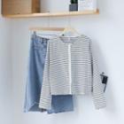 Pinstriped Long-sleeve T-shirt / Denim Midi A-line Skirt