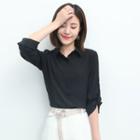 Stand-collar Long-sleeved Loose-fit Straight Chiffon Sheath Plain Blouse