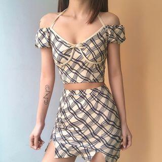 Set: Cold-shoulder Plaid Blouse + Mini Pencil Skirt