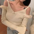 Long-sleeve Lace Trim Cold-shoulder Knit Top