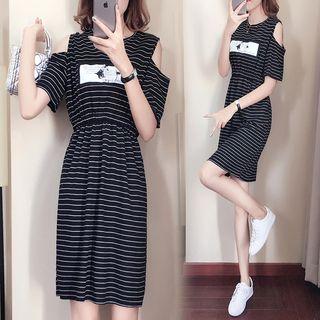 Cut Out Shoulder Striped Short Sleeve Dress