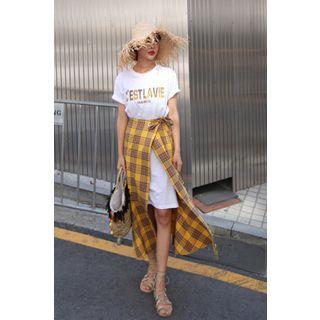 Set: Lettering T-shirt Dress + Wrap-front Checked Skirt