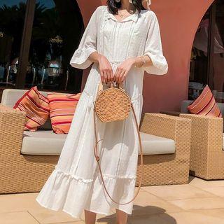 Set: Frilled Trim Elbow-sleeve Midi Dress + Slipdress