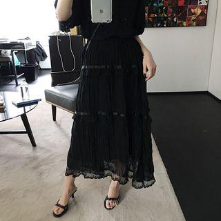Crinkled Lace Trim A-line Midi Chiffon Skirt