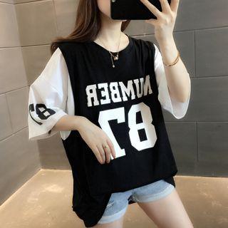 Contrast Color Panel Lettering Elbow-sleeve T-shirt