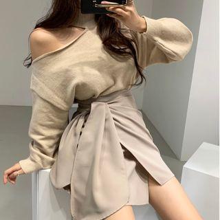 Cold Shoulder Sweater / Tie Waist Mini Skirt