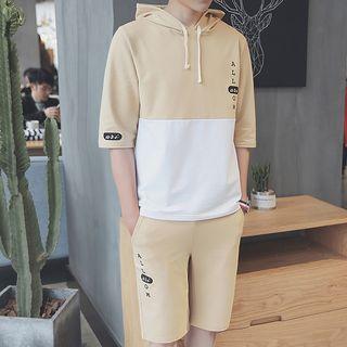 Set: Color Block Hooded Elbow-sleeve T-shirt + Shorts