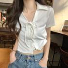 Short-sleeve Collar Lace Up Cropped T-shirt
