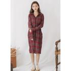 Notched-collar Crinkled Plaid Shirtdress
