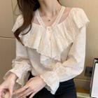 Puff-sleeve Ruffled Eyelet Lace Blouse