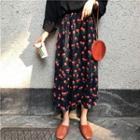 Cherry Pattern A-line Midi Skirt Black - One Size