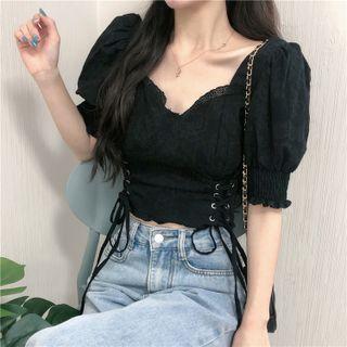 Plain Drawstring Lace Puff Short Sleeve Crop Shirt