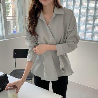 Long-sleeve Open-collar Peplum Blouse