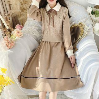 Set: Sweater Vest + Long-sleeve Midi A-line Dress