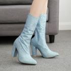 Sequined Pointed Block Heel Mid-calf Boots