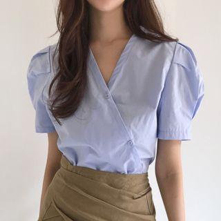 Plain V-neck Puff Sleeve Shirt