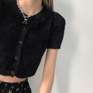Short-sleeve Furry-knit Button-up Crop Knit Top