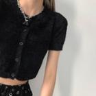 Short-sleeve Furry-knit Button-up Crop Knit Top