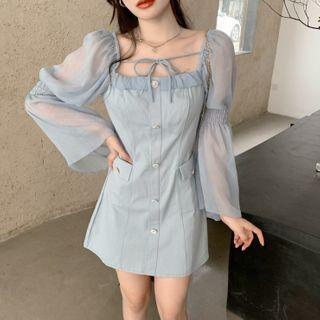 Mesh Sleeve Button Mini A-line Dress
