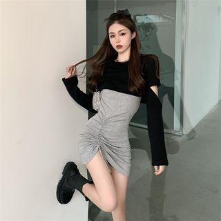 Spaghetti Strap Drawstring Sheath Dress / Long-sleeve Elbow Cutout T-shirt