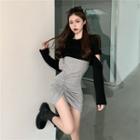 Spaghetti Strap Drawstring Sheath Dress / Long-sleeve Elbow Cutout T-shirt