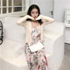 Crop Button Jacket / Spaghetti Strap Floral Print Midi Dress