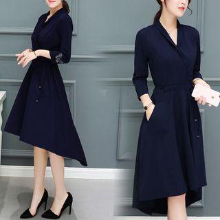 Gathered-waist Long-sleeved A-line V-neck Plain Sheath Dress