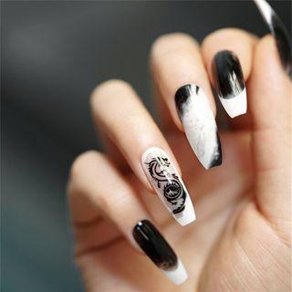 Print Pvc Faux Nail Tips 498 - Glue - Black & White - One Size