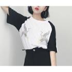 Crane Embroidered Two-tone Short-sleeve T-shirt