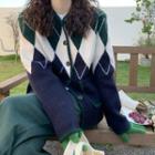 Argyle Cardigan Green & White & Navy Blue - One Size