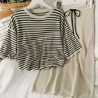 Set: Striped Loose Knit Top + Drawcord Midi Skirt