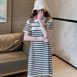 Short-sleeve Polo-neck Striped Mini Dress