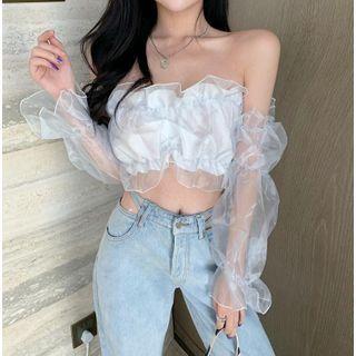 Long-sleeve Mesh Off-shoulder Crop Top White - One Size