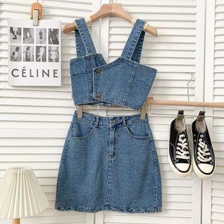 Set: Asymmetrical Denim Crop Top + High-waist Mini Skirt