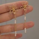 Faux Pearl Wirework Flower Dangle Earring 1 Pair - S925 Silver Needle - As Shown In Figure - One Size