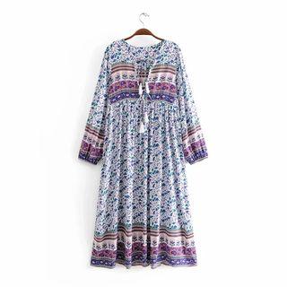 Patterned Long-sleeve Tasseled Midi A-line Dress