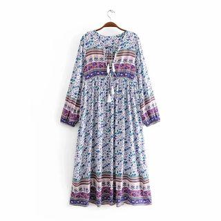 Patterned Long-sleeve Tasseled Midi A-line Dress